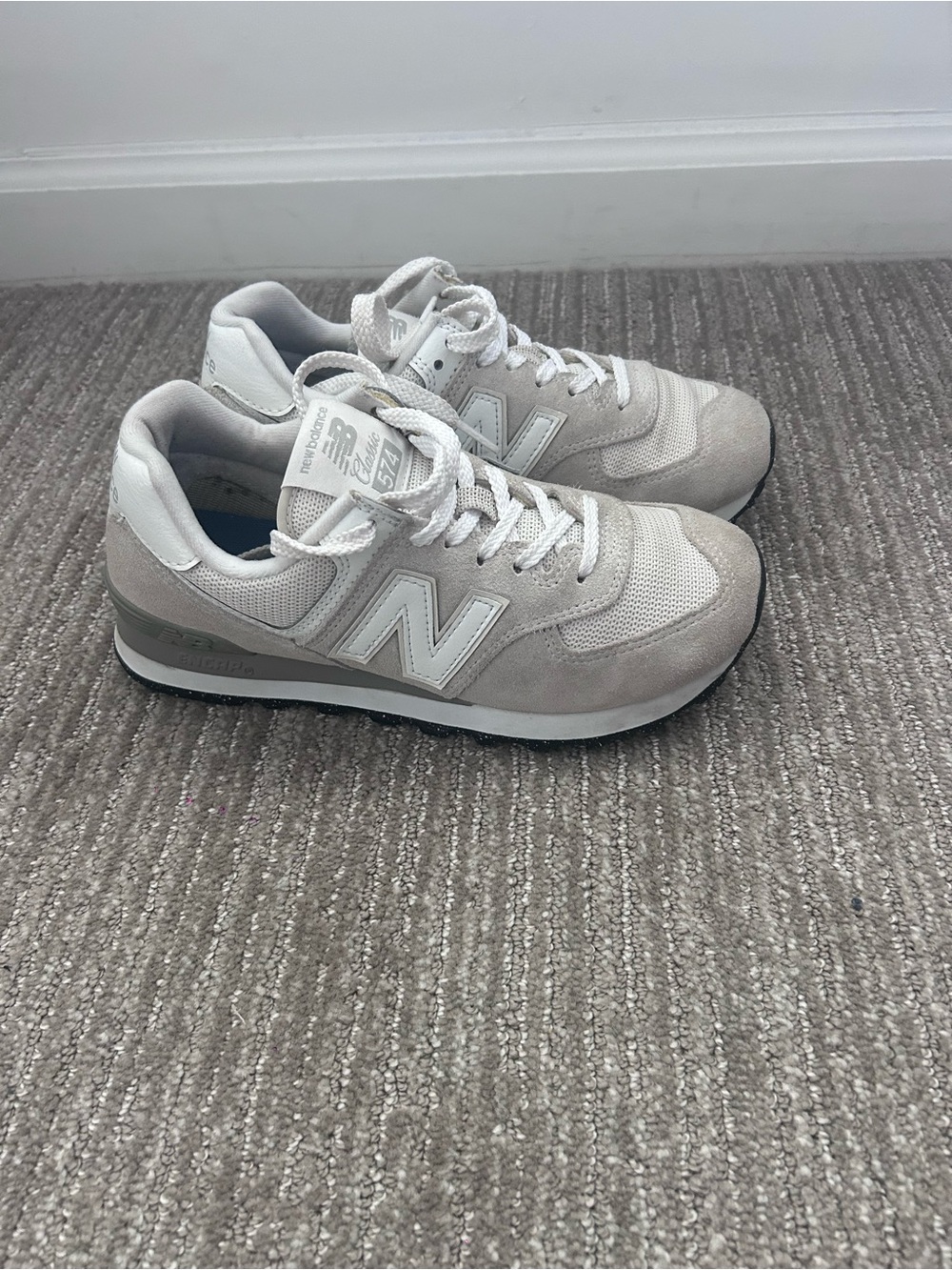 New Balance Men’s 574 Suede & Mesh Sneakers in Light Gray and White